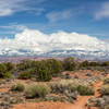 The snow covered La Sal Mountains rise on the horizon as you make your way to the east rim