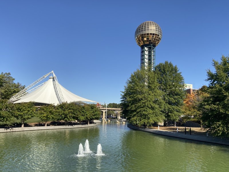 The Sunsphere shines over the amphitheater at World's Fair Park in Knoxville, Tennessee