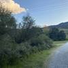 The trail turns to gravel and descends below the reservoir to the area where water drains out and the spillway is.