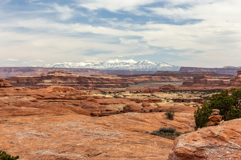Snow covered La Sal Mountains across the canyons in the Needles District
