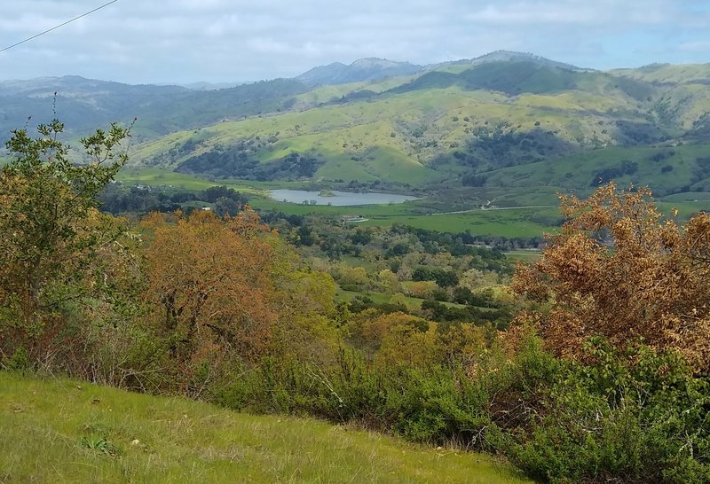 Grant Lake, nestled in the Diablo Range hills, is seen in the distance below, to the north, from high on Dutch Flat Trail.