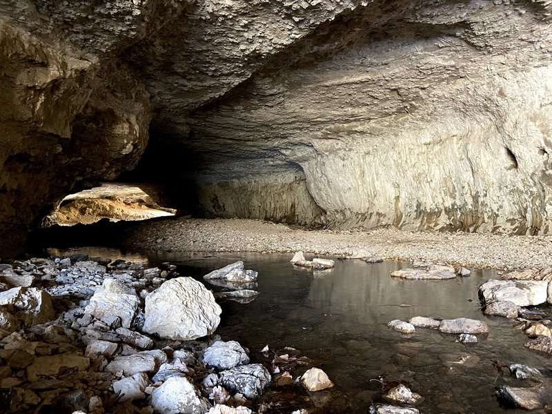 Just inside the Nature Tunnel, the trail ends here but you can hop across rocks and follow the bank on the right to the other opening to view a small pool that drains into the creek.