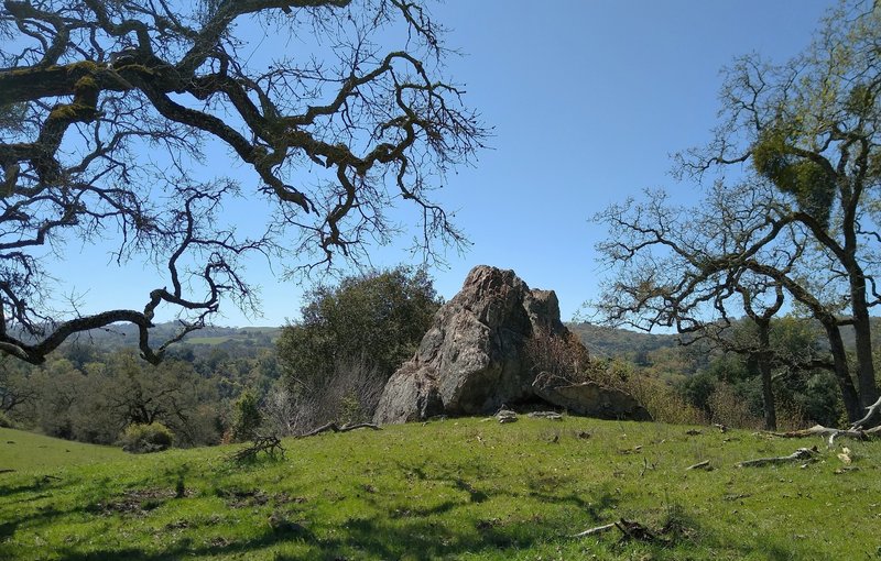 A giant rock that seems very out of place in these grass and wooded hills. Why is it here? How did it get here?