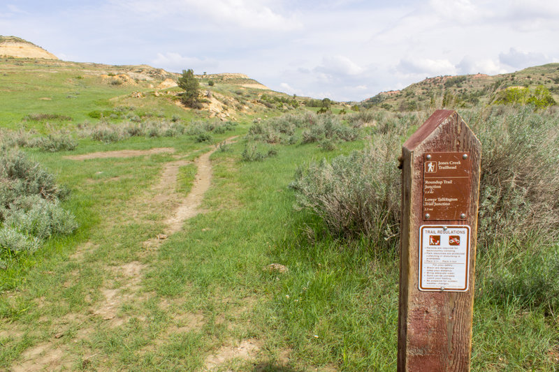 Jones Creek Trailhead signpost in Theodore Roosevelt National Park, North Dakota