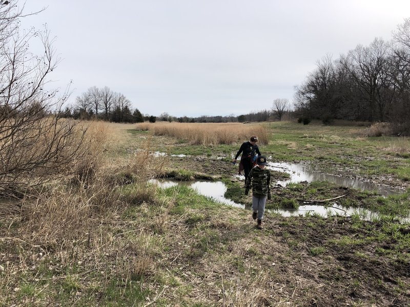 This part of the hike has a small drain from the pond to the Northeast to cross, wear your waterproof boots.