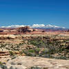 Snow covered La Sal Mountains with Squaw Canyon in the foreground