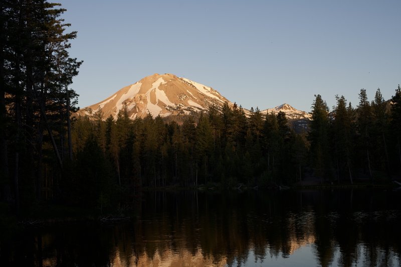 The view of Lassen Peak at sunset across Reflection Lake is pretty spectacular. The trail is less traveled than the Manzanita Lake Trail, so you may get this view to yourself!