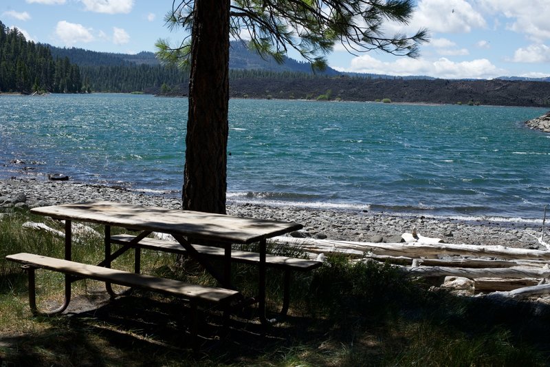 A picnic table sits at the head of Butte Lake.