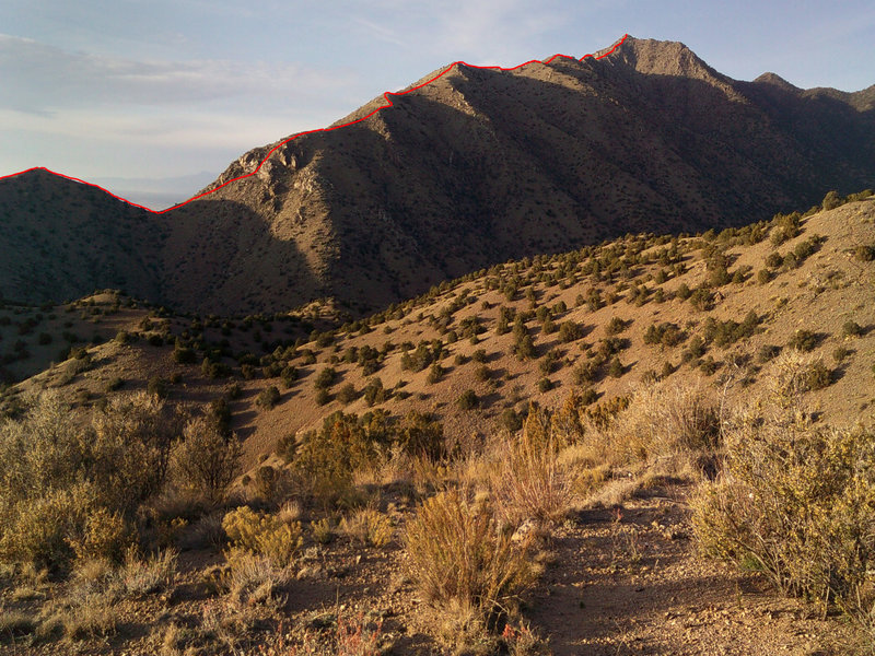 Late afternoon view of the Rincon Ridge with trail marked in red.