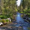 Grassy Creek, just south of where it flows into Snag Lake, looking north at the Juniper Lake to Snag Lake Trail's creek crossing.