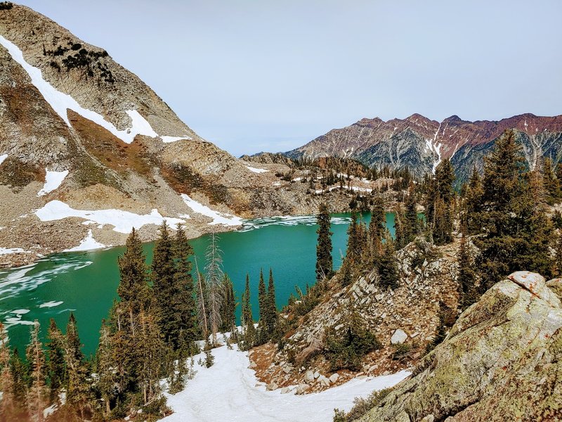 Beautiful blue/green water. Still has ice floating in June.