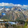 Panorama from route up Eagle Peak: Twin Peaks are on the left. The Matterhorn is in the center with closer unnamed peaks of Sawtooth Ridge in the right center.