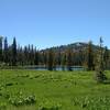 Approaching tiny Crumbaugh Lake on Crumbaugh Lake Spur, Mt. Conard, 8,204 ft., is on the far side of Crumbaugh Lake.