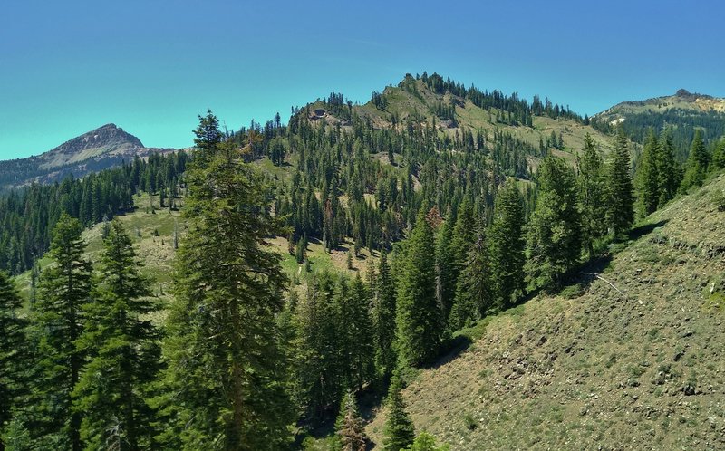 Diamond Peak, 7,968 ft., (center), Brokeoff Mountain, 9,235 ft., (left, distance), and Lassen Peak, 10,457 ft. (right, distance), seen looking northwest from Crumbaugh Trail as it descends steeply to East Sulphur Creek and Mill Creek Falls.