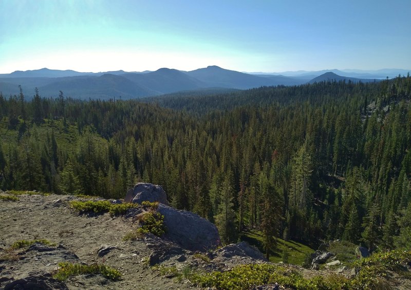 The Kings Creek Valley is below and mountains stretch forever into the distance including Mt. Hoffman, 7,833 ft., (center right). Juniper Lake is in the distance at the extreme right. Looking east from high on Kings Creek Trail.