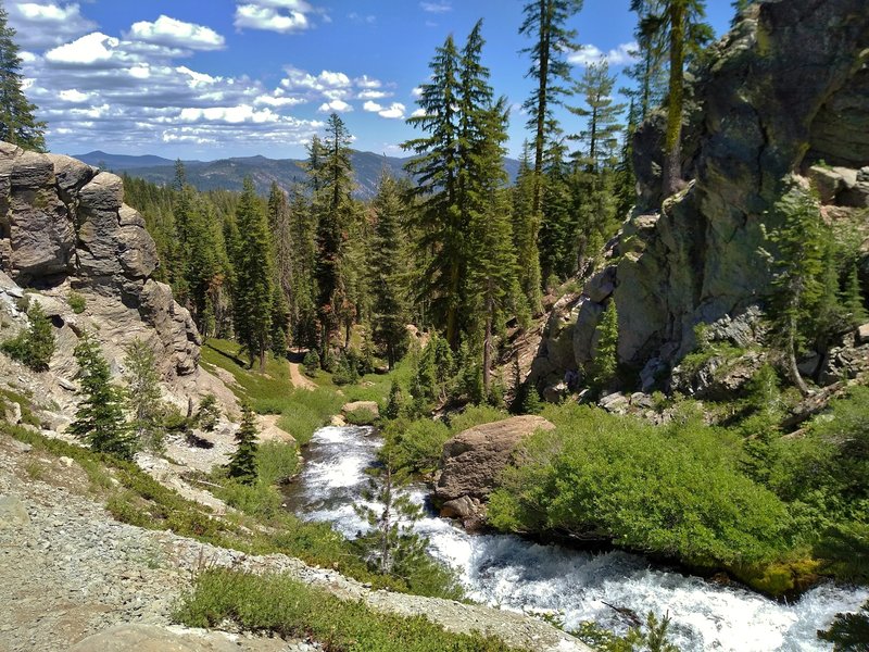 Kings Creek cascades down steeply and swiftly as Kings Creek Cascades Foot Trail climbs the stairs next to the creek. Beautiful mountain views into the distance to the east here.