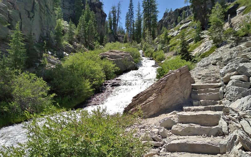 Steep Kings Creek cascades and the narrow one-way (up) stair path up to the top of these cascades.