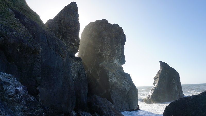 A sunbeam peeking through rocks north of Wedding Rock.