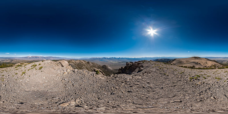 This is a full equirectangular panorama, which means 360 by 180 degrees. From the top of Glass Mountain you can have a view from Mono Lake to Owens Lake .