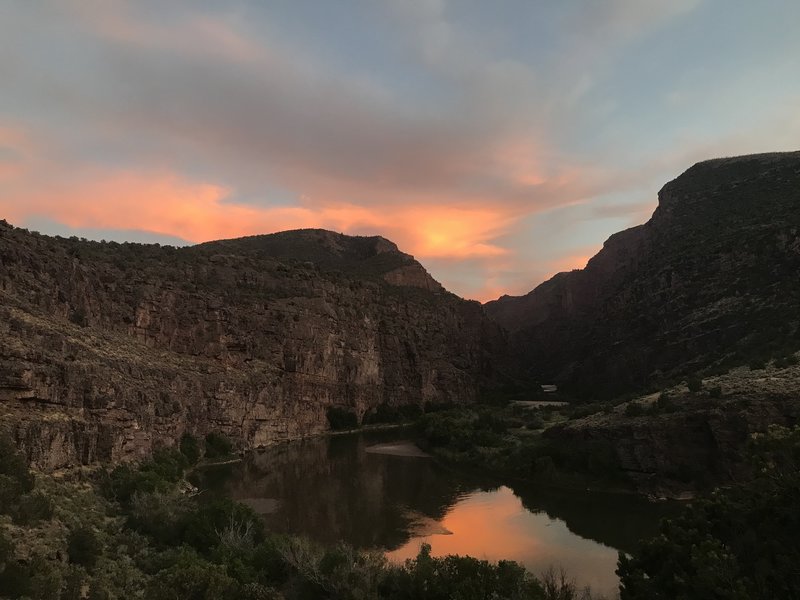 View into the canyon from the end of the Gates of Lodore Trail at sunset.