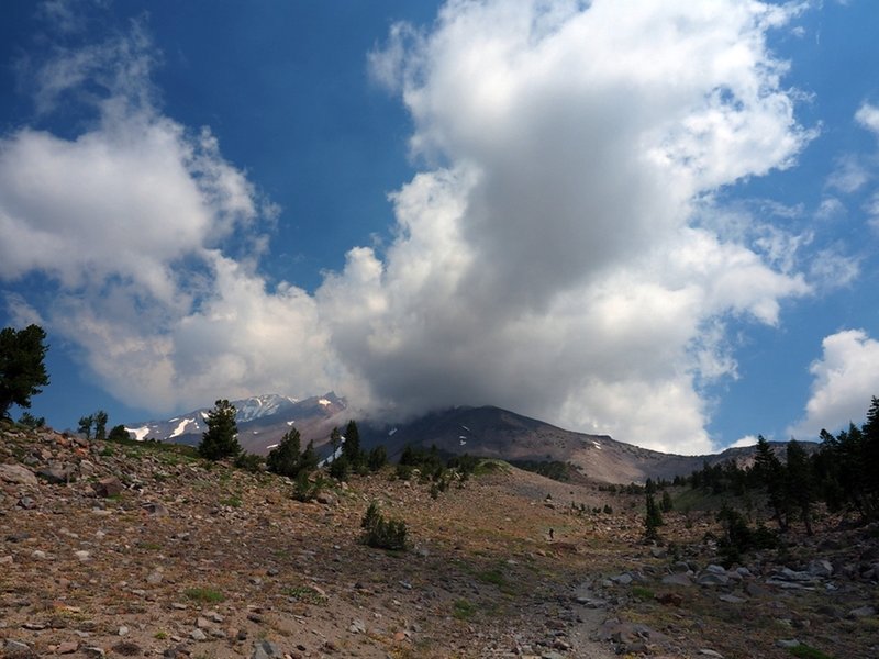 A storm builds over Mount Shasta.
