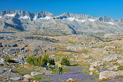 Rick from Sonoma climbing Puppet Pass with Glacier Divide in the background. Mesa Lake is on the extreme left.