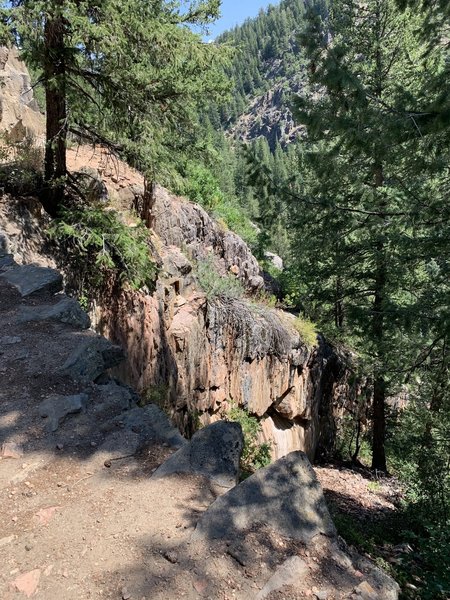 Incredible views from the trail down to Mad Creek below.  Watch for shifting pebbles and sand.  Bring a good hiking stick.