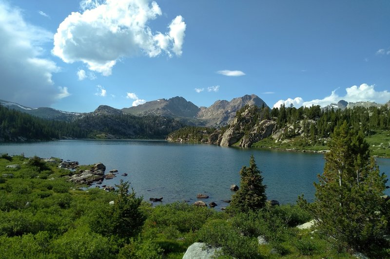 Mt. Lester at 12,342 feet (center) and Mt. Lester's east peak at 12,275 feet (center right) stand guard over the first Cook Lake.