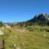 Beautiful open, rocky meadows on the east side of Chain Lakes along Highline Trail, on a sunny July morning.