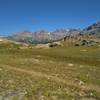 The view to the north from the north side of the Mt. Baldy pass at Bald Mountain Basin's south end. Mountains left to right - Mt. Lester's two peaks, distant mountains defining Titcomb Basin, and unnamed ridge of peaks.