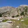 The east face of Mt. Baldy, 11,857 ft. (center left), is behind the nearby knoll (right) at the junction of the CDT/Fremont Trail and Baldy Lakes Trail.