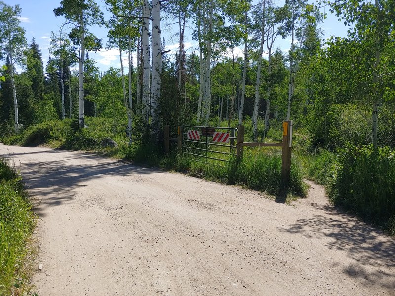 Trail entrance at open gate to Dry Lake Campground