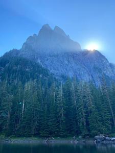 View from Barclay Lake of Mt. Baring a common BASE Jump location.