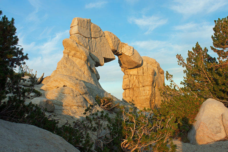 Arch Rock in the morning light. The opening is about 30 feet tall and the entire formation may be 40 - 50 feet tall.