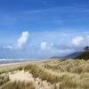 Sand dunes on an undeveloped beach with misty mountains in the distance.