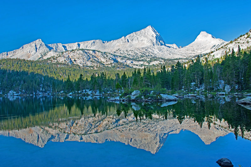 Upper Pine Lake. It is possible to hike off-trail from Royce Lakes down the gap between the two peaks on the right.