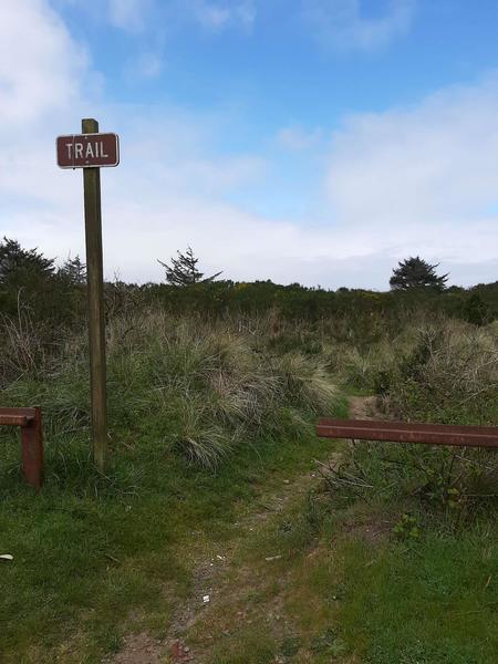 A trail sign at the start of a sandy trail between two guardrails.