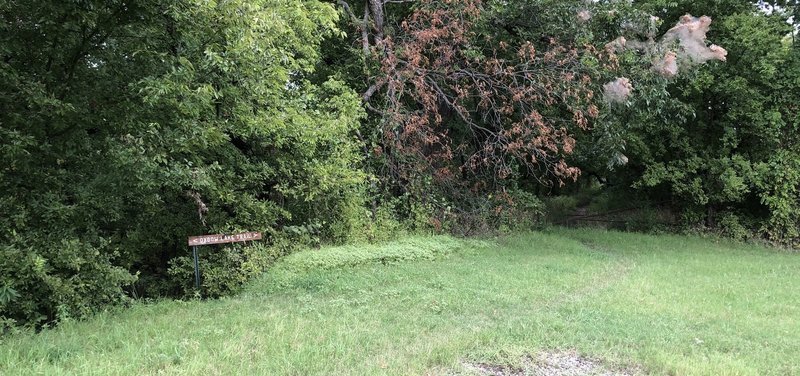 The trail briefly enters a mowed area next to Lake Yahola. To the right is the dike portion coming from Mohawk Boulevard. To the left the trail goes down off the dike and heads north.