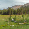 Meadow beneath Mt. Kaweah and junction between the Moraine Lake and High Sierra trails.