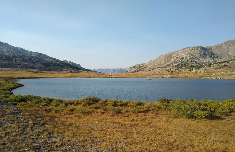 Summit Lake as seen from its south end. Directly to the north (center), the valley of the creeks that become the Green River, drops off in the distance.