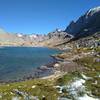 One of the several lakes in Titcomb Basin. Fremont Peak, 13,745 feet., rises steeply on the right here along Titcomb Basin Trail. Looking north along Titcomb Basin Trail.