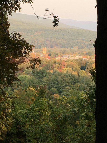 The domes and steeples of Williams College campus, seen from the Smith Trail overlook in September.