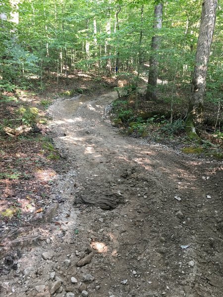 Rammer Hollow Trail under renovation has lot's of loose gravel, landscape fabric,  and deep ruts from equipment.