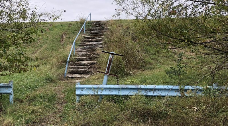 Rustic steps from parking on Mohawk Boulevard up to the Lake Yahola Perimeter Trail.