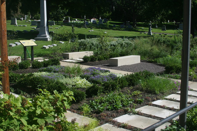 Entrance garden at Bellefontaine Cemetery and Arboretum. A place to rest after a hike, restrooms are located at the gatehouse.