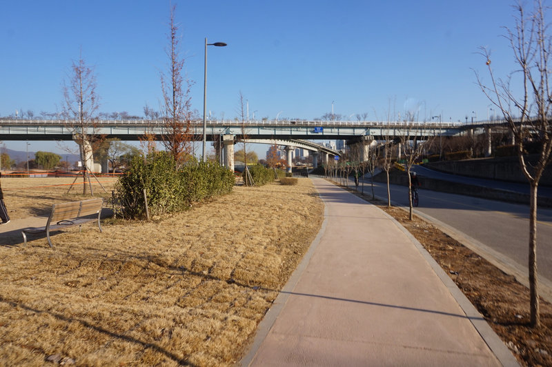 The trails goes north under Gwangjingyo Bridge.