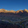 Sunrise from the Watchman Overlook. The sun lights up the peaks on the opposite side of the valley. Definitely worth getting up there in the morning for this great view.