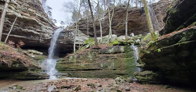 Double waterfalls at the end of the Big Rocky Hollow Trail.