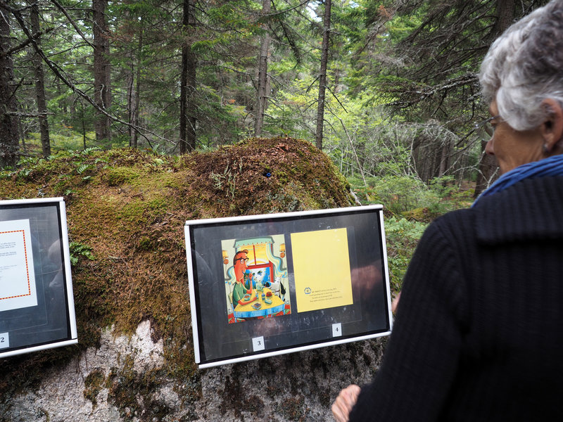 Weatherproof displays of book pages at the Story Trail.