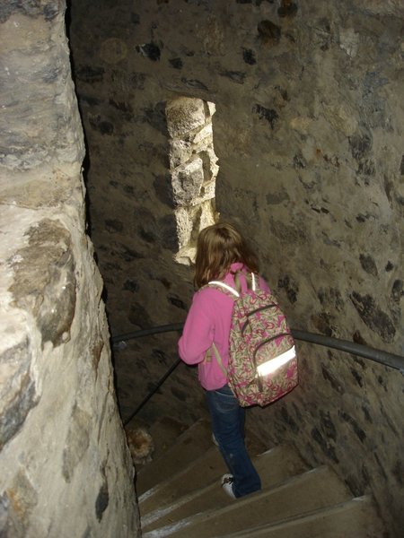 Descending the tower stairs.